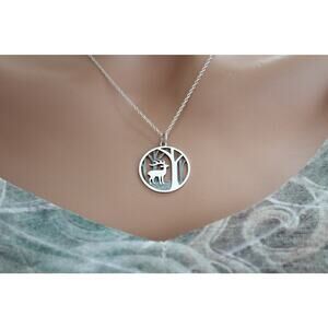 Sterling Silver Deer Charm with Trees Necklace